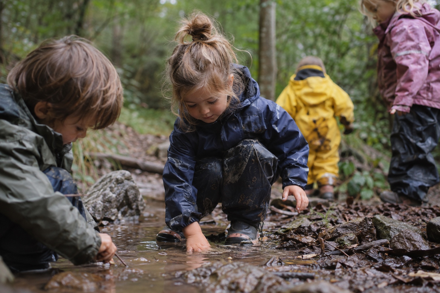Crianças com roupa impermeável a explorar água e lama numa floresta